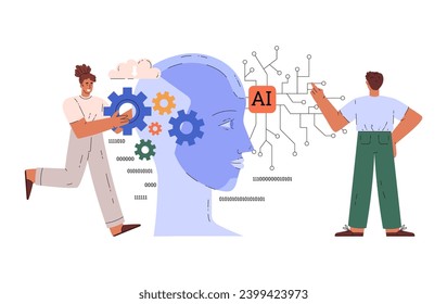 Programmers developing codes for AI or artificial intelligence, flat vector illustration isolated on white background. Artificial intelligence software.