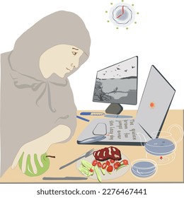 Programmer's Dinner. He suffers from insulin-dependent diabetes mellitus. There are gadgets on the table, food on a plate, an insulin syringe, a glucometer. An apple in the hand.