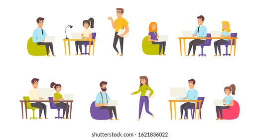 Programmers flat vector illustrations set. Programming, coding scenes bundle. People with laptops, coders, software developers cartoon characters collection isolated on white background