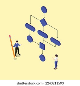 Programmers with flow chart isometric 3d vector illustration concept for banner, website, illustration, landing page, flyer, etc.