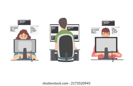 Programmers or freelancers working on computers set cartoon vector illustration