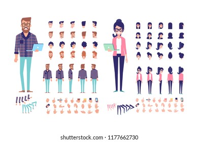 	
	
Programmers. Front, side, back, 3/4 view animated characters. Male and female creation set with various views, hairstyles and gestures. Cartoon style, flat vector illustration.