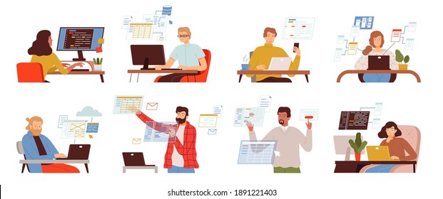 Programmers. Hackers freelancers overworked corporate people internet work nowaday vector illustrations