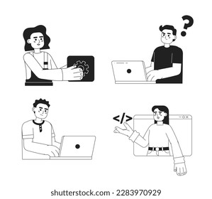 Programmers in IT industry monochromatic flat vector characters pack. Linear hand drawn sketches. Editable people. Simple black and white spot illustrations set for web graphic design and animation