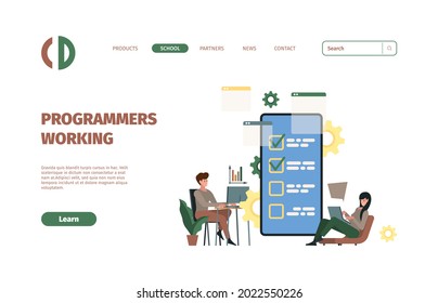 Programmers landing. Digital designers working on laptop coders writing code garish vector templates of web pages