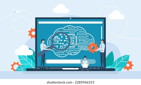 Programmers with laptop. AI. Brain with neural network. Artificial intelligence. Brain with digital circuit. Machine learning, digital brain, artificial thinking process concept. Vector illustration