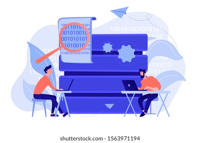 Programmers with laptops working on code and big data. Software development, data processing and analysis, data applications and management concept. Vector isolated illustration.
