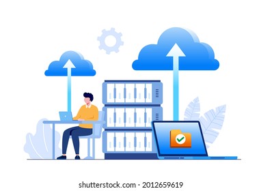 Programmers with laptops working on code and big data. software development, data processing and analysis, data applications and management concept. Flat vector illustration