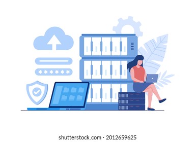 Programmers with laptops working on code and big data. software development, data processing and analysis, data applications and management concept. Flat vector illustration