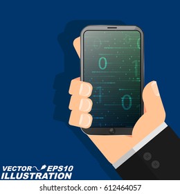 The programmer's man is holding a modern smartphone in his hand and looking at the binary code. Programming at full speed. Illustration in a flat style