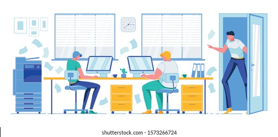 Programmers or Managers Characters Working on Computer. Coworker Coming in Door. Office Team Situation, Daily Tasks Solving Cartoon. E-Marketing, IT Service. Vector Flat Workplace Illustration