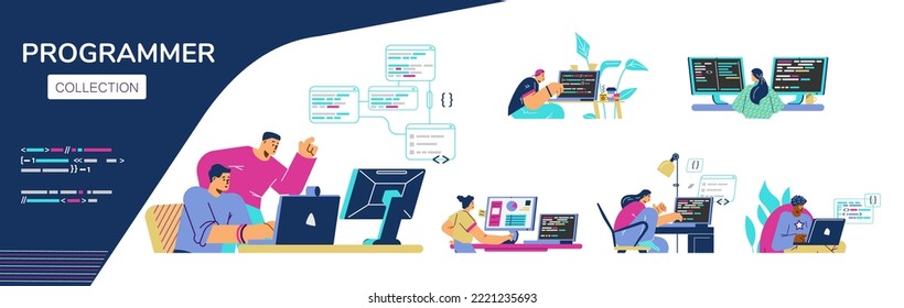 Programmers men and women coding, big set - flat vector illustration isolated on white background. Characters working from home or office. Concepts of web development and software engineering.