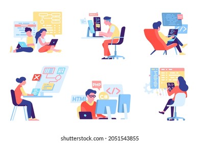 Programmers people. Developers at workplace. HTML