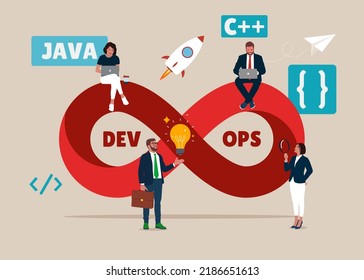 Programmers practice of development and software operations. Software engineering culture. DevOps concept. Vector illustration on white background