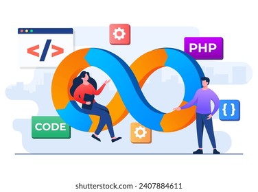 Programmers practice of development and software operations, DevOps Methodology, Technical support, Automation process, Software development and it operations concept flat illustration vector template