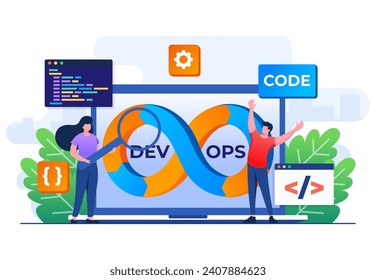 Programmers practice development and software operations, DevOps Methodology, Technical support, Automation process, Software development and IT operations concept flat illustration vector template