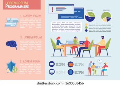 Programmers Professional Team Business Infographic Set. IT Specialistes Cartoon Characters and Various Diagrams, Charts and Symbols for Presentation and Statistical Report. Vector Flat Illustration.