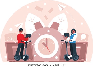 Programmers rides on a gyro scooters holding a laptops in his hands. Internet Marketing. Vector graphics
