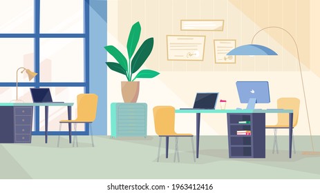 Programmers room interior, banner in flat cartoon design. Office inside with workplace, computer and laptops on desk, certificates on wall, plant and decor. Vector illustration of web background