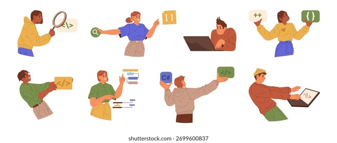 Programadores mostrando blocos de código com símbolos diferentes. Engenheiros de software vetorial desenvolvendo programas. Codificação da Web e análise de dados, design digital e desenvolvimento de aplicativos no espaço de trabalho de tecnologia