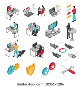 Programmers software developers isometric icons collection with block diagram code samples and protection from hackers vector illustration