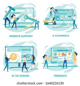Programmers or Software Engineers Creating Pages Flat Cartoon Vector Illustration. Website Support Fixing Problems. Ecommerce Development. Feedback Form woth Emoticons. UI UX Design.