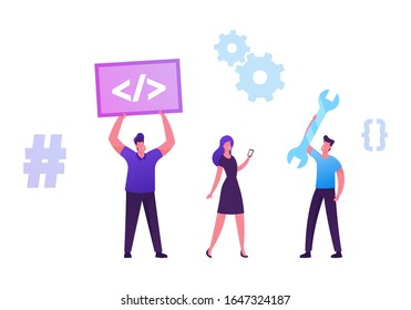 Programmers Team Working on Computer at Web Site Page Online Project Html Java Css Coding, Front End Developing , Ui Ux Tech Application Software Development Work. Cartoon Flat Vector Illustration