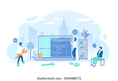 Programmers team are working on a new website. Web Development Programming Coding. Monitor, program code, server. Working process, teamwork communication. Vector illustration flat style.