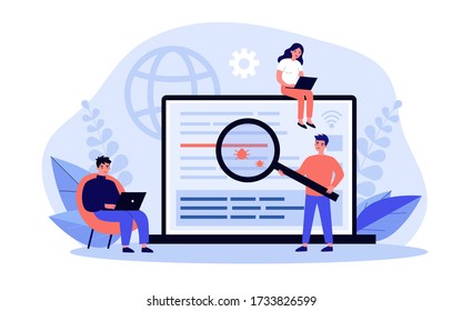 Programmers testing applications. Developers using laptops and fixing bugs with magnifying glass. Can be used for quality assurance software, programming, coding, app development, service concept