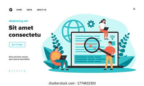 Programmers testing applications. Developers using laptops and fixing bugs with magnifying glass. Can be used for quality assurance software, programming, coding, app development, service concept