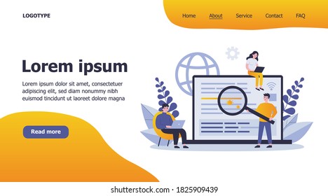 Programmers testing applications. Developers using laptops and fixing bugs with magnifying glass. Can be used for quality assurance software, programming, coding, app development, service concept