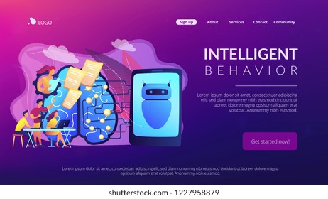 Programmers testing chatbot intelligence and brain with circuit. Chatbot Turing test, intelligent behavior, human-like response concept. Website vibrant violet landing web page template.