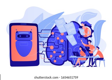 Programmers testing chatbot intelligence and brain with circuit. Chatbot Turing test, intelligent behavior, human-like response concept. Pinkish coral bluevector isolated illustration