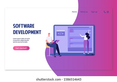 Programmers tiny man and woman writes code on laptop. Concept of programming, software, web development, coding. Vector illustration in flat cartoon design for banner, landing page, ui.