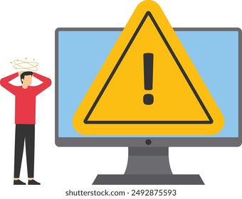 Programmers and users analyze software or diagnose computers. Big warning sign on screen. Operating system error. Setting up a personal computer.

