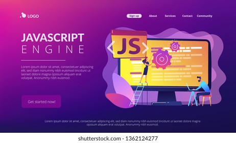 Programmers using JavaScript programming language on computer, tiny people. JavaScript language, JavaScript engine, JS web development concept. Website vibrant violet landing web page template.