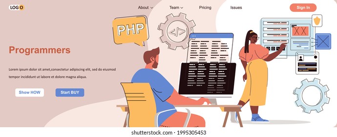 Programmers web concept. Developers program, create applications and software scene. Banner template with flat line characters design. Vector illustration for social media promotional materials