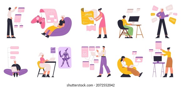 Programmers, web, software engineers and game designers. Web, game development, script coding, software developers vector flat illustration set. Digital development workers, programming by programmer