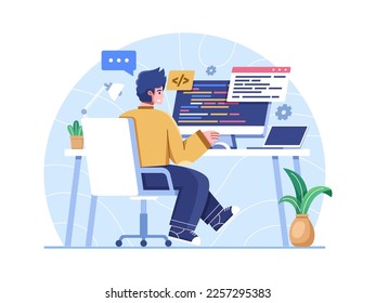 Programmers work with code to develop an application or website on a computer desk.
Freelance Writing Code Using Computer.
Can be used for web, landing page, infographic, personal project. etc