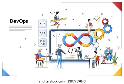 Programmers at work concept. Can use for web banner, infographics, hero images. DevOps. Flat vector illustration isolated on white background. People team work together