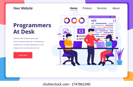 Programmers at work concept, People work on laptop programming and coding. Modern flat web page design for website and mobile website. Vector illustration