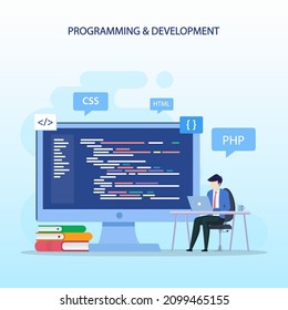 Programmers at work concept, People work on table using laptops programming and coding, programming languages. css, html, PHP, ui. Flat vector template style Suitable for Web Landing Pages.