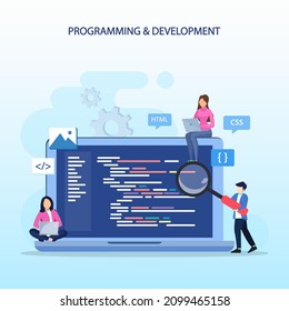 Programmers at work concept, People work on table using laptops programming and coding, programming languages. css, html, PHP, ui. Flat vector template style Suitable for Web Landing Pages.