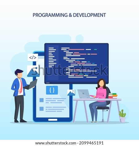 Programmers at work concept, People work on table using laptops programming and coding, programming languages. css, html, PHP, ui. Flat vector template style Suitable for Web Landing Pages.