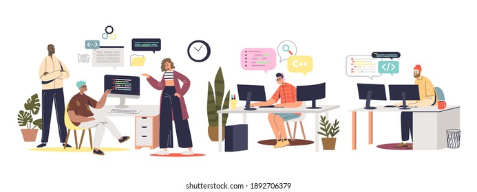 Programmers at work. Group of busy web and ux designers, developers and coders at workplace coding websites and apps at modern computers. Web developers team. Flat vector illustration