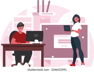 Programmers at work. Man in the workplace working at PC. Female programmer holding a laptop. Vector graphics