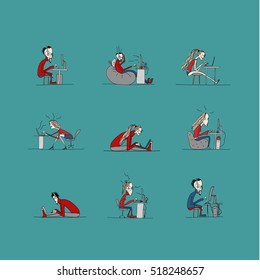 Programmers at work, office life, sketch for your design. Vector illustration