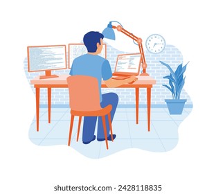  Programmers work on dual-screen computers and laptops. Develop programming and coding technology. Software developers concept. flat vector modern illustration 