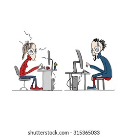 Programmers at work, sketch for your design. Vector illustration