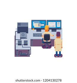 Programmers work together. Skilled coders in white coats, man at computer monitor in office and big desk with multiple displays and computer. Isolated pixel art vector illustration.